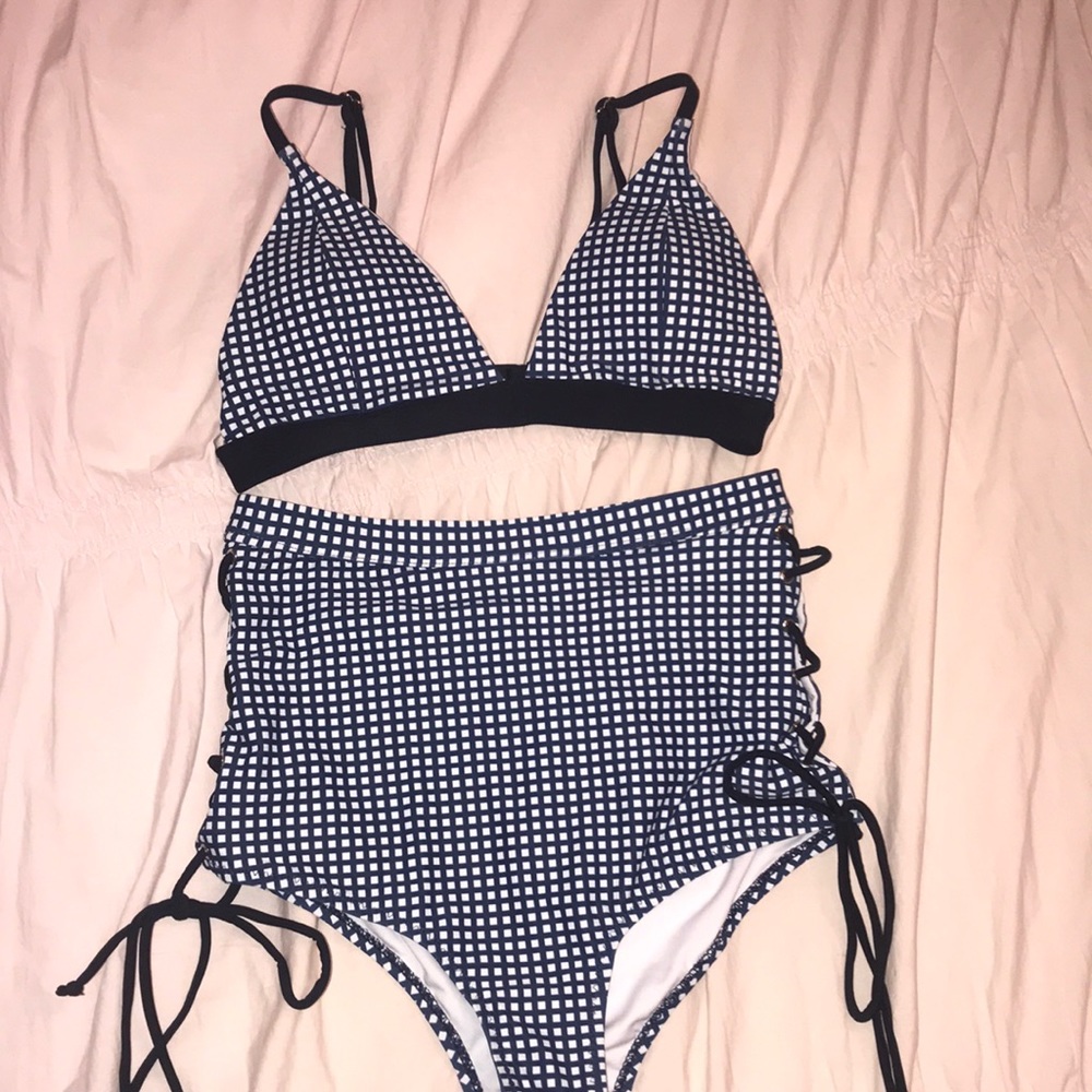 Navy and White Checkered High Waisted Swimsuit